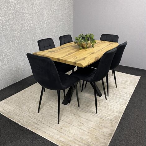 Wooden Brown Dining Table with 6 Black Velvet Chairs, Stylish Dining Room Furniture (1/5)