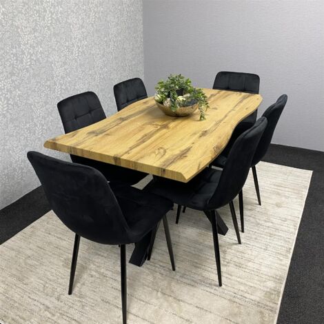Wooden Brown Dining Table with 6 Black Velvet Chairs, Stylish Dining Room Furniture