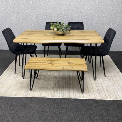 Brown Wooden Dining Table with 4 Black Chairs and Bench - Dining Kitchen Room Furniture