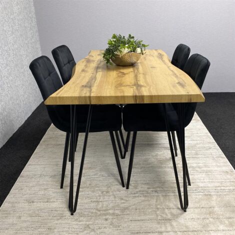 Wooden Dining Table and 4 Black Velvet Chairs - Stylish Dining Room Furniture