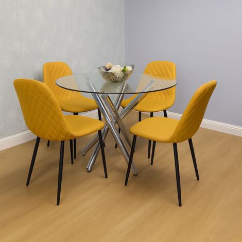 Round Clear Glass Dining Table Set with 4 Mustard Gem Pattern Chairs ...