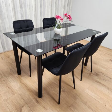 Black Glass Dining Table Set With 4 Black Velvet Chairs For Dining Room ...