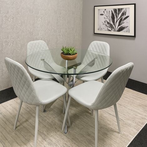 Modern Round Glass Dining Table Set With 4 Grey Gem Pattern Chairs ...