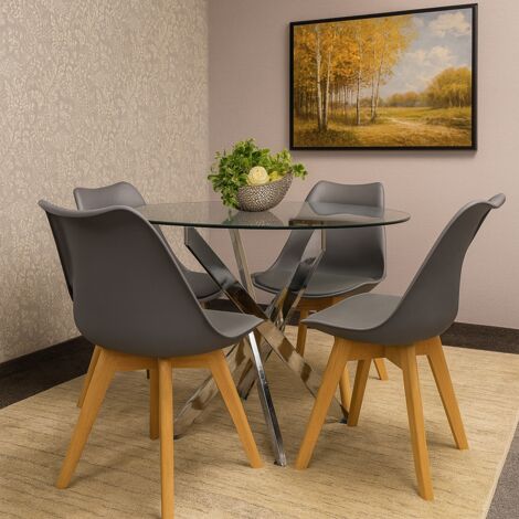 Round Glass Dining Table Set With 4 Grey Plastic Chairs Dining Room ...