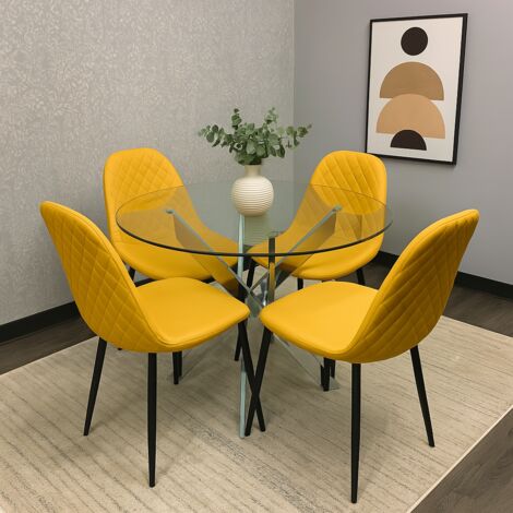 Round Glass Dining Table Set With 4 Mustard Gem Pattern Chairs Dining ...