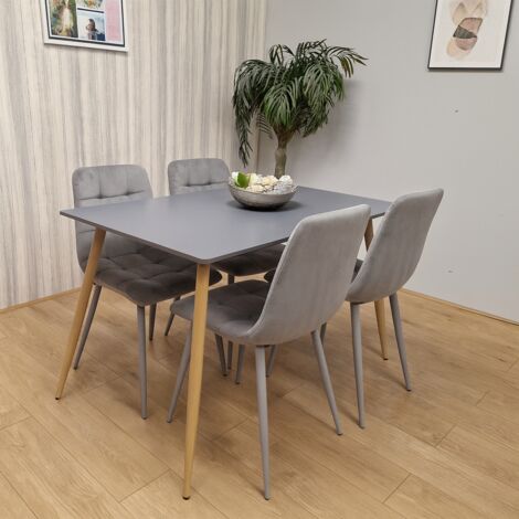 Modern Rectangle Dark Grey Dining Table Set With 4 Grey Velvet Chairs ...