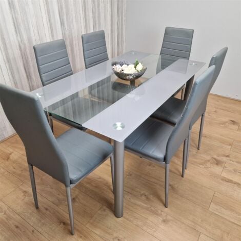 6 Grey Leather Chairs Clear Table, Grey Leather Dining Chairs Set Of 6