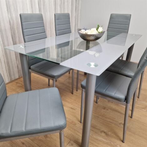 Dining Table and 6 Chairs Grey Clear Glass 6 Leather Grey Chairs Dining Room Furniture