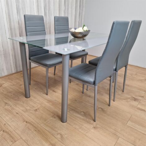 Dining Table and 4 Chairs Grey Clear Glass 4 Leather Grey Chairs Dining ...