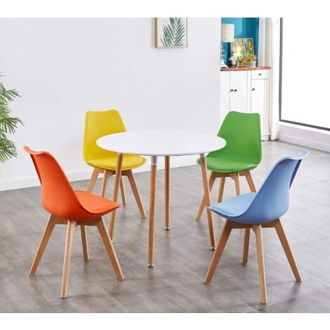 KOSY KOALA STYLISH CONTEMPORARY WOOD ROUND KITCHEN DINING TABLE AND 4 TULIP PADDED MULTI COLOR CHAIR