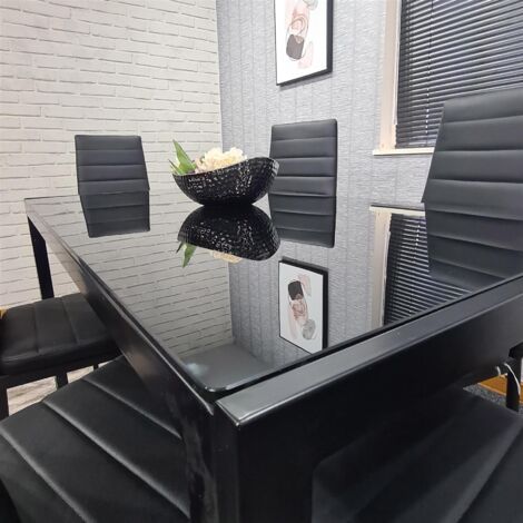 Dining Table and 6 Chairs Black Glass 6 Leather Chairs  Dining Room Furniture