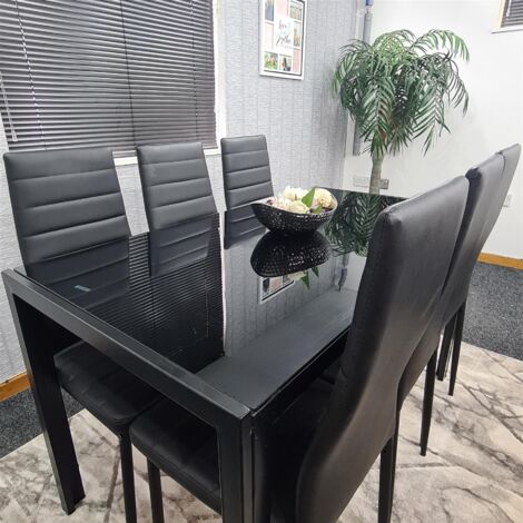 Dining Table and 6 Chairs Black Glass 6 Leather Chairs  Dining Room Furniture