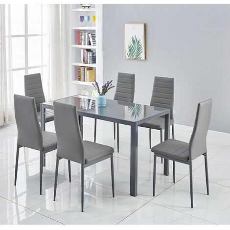 KOSY KOALA ALL GREY GLASS DINING TABLE AND 6 GREY FAUX LEATHER CHAIRS (Grey, Table with 6 chairs)
