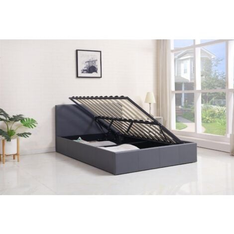 Ottoman Bed Gas Lift Storage Leather Grey 3ft Single Pine Wood Bedroom