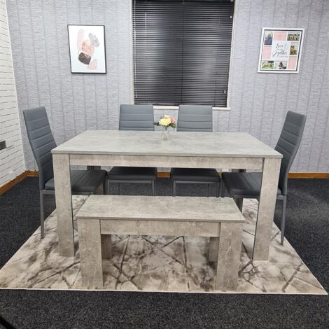 Dining Table and 4 Chairs With Bench Stone Grey Effect Wood Table 4 Grey Leather Chairs Dining Room