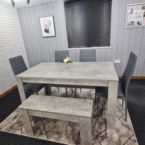 Dining Table and 4 Chairs With Bench Stone Grey Effect Wood Table 4 Grey Leather Chairs Dining Room