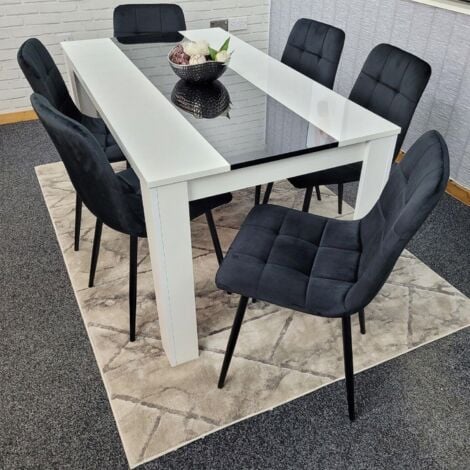Dining Table and 6 Chairs White Black  Wood 6 Velvet Black Chairs Dining Room