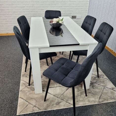 Dining Table and 6 Chairs White Black  Wood 6 Velvet Black Chairs Dining Room