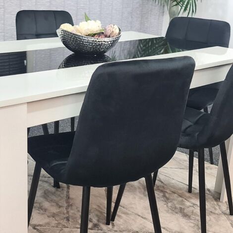 Dining Table and 6 Chairs White Black  Wood 6 Velvet Black Chairs Dining Room