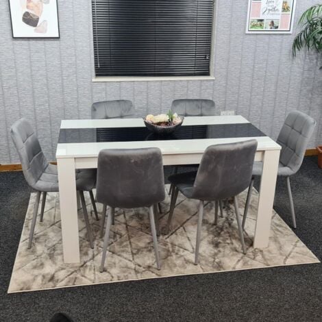 Dining Table and 6 Chairs White Black  Wood 6 Velvet Grey Chairs Dining Room