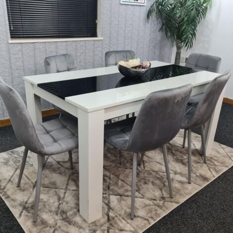 Dining Table and 6 Chairs White Black  Wood 6 Velvet Grey Chairs Dining Room