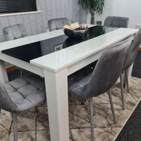 Dining Table and 6 Chairs White Black  Wood 6 Velvet Grey Chairs Dining Room