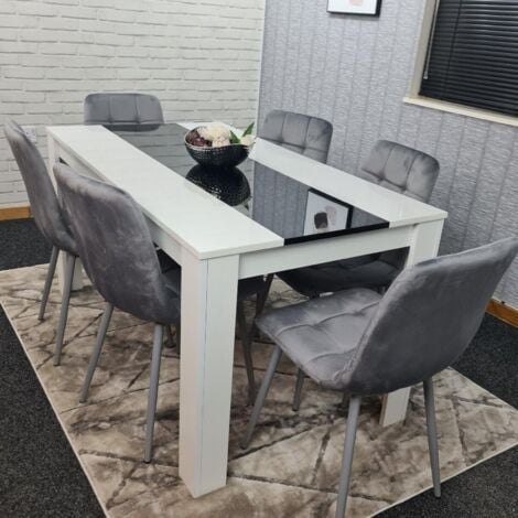 Dining Table and 6 Chairs White Black  Wood 6 Velvet Grey Chairs Dining Room