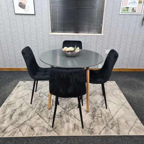 Dining Table and 4 Chairs  Grey Round Wood Table 4 Black  Velvet Chairs Dining Room Furniture