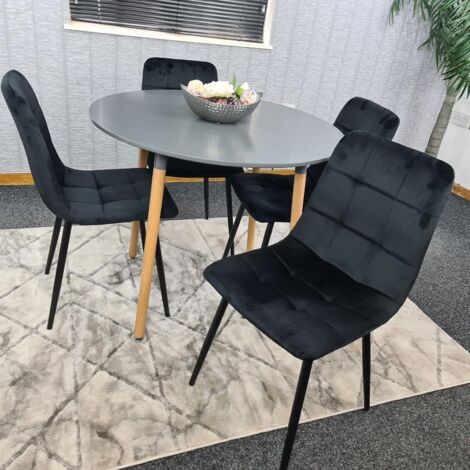 Dining Table and 4 Chairs  Grey Round Wood Table 4 Black  Velvet Chairs Dining Room Furniture