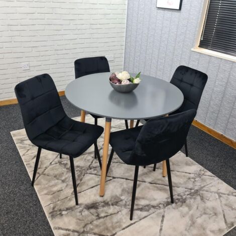 Dining Table and 4 Chairs  Grey Round Wood Table 4 Black  Velvet Chairs Dining Room Furniture