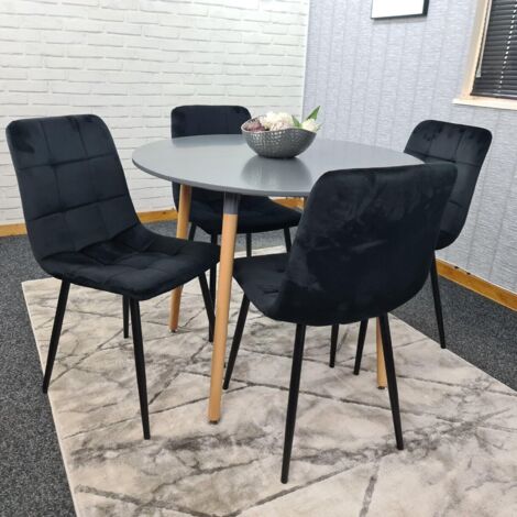 Dining Table and 4 Chairs  Grey Round Wood Table 4 Black  Velvet Chairs Dining Room Furniture