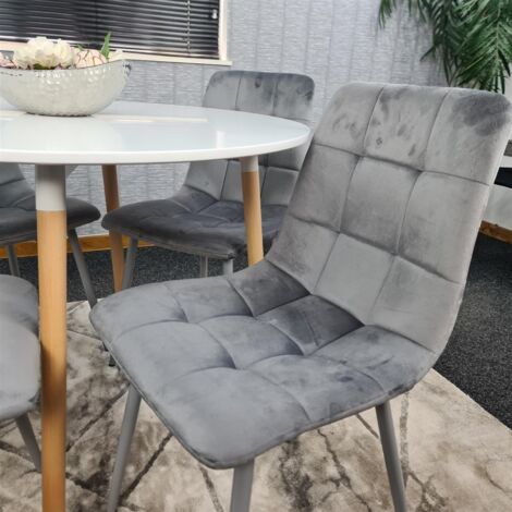 Dining Table and 4 Chairs  White Round Wood Table 4 Grey Velvet Chairs Dining Room Furniture