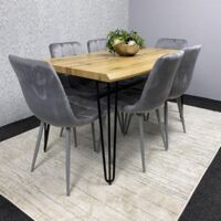 Wooden Dining Table and 6 Grey Velvet Chairs - Stylish Dining Room Furniture