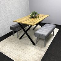 Wooden Brown Dining Table with 2 Grey Velvet Padded Benches, Stylish Dining Room Furniture