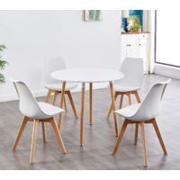 Dining table and 4 Chairs Set WHITE WOOD ROUND DINING TABLE AND 4 WHITE CHAIRS Kitchen Dining Table Set - White