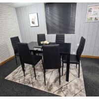 KOSY KOALA ALL BLACK GLASS DINING TABLE AND 6 BLACK FAUX LEATHER CHAIRS (Black, Table with 6 chairs)
