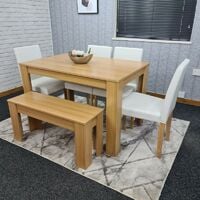 KOSY KOALA Modern wooden oak effect dining Table with 4 Faux Leather cream chairs and a bench - oak and cream