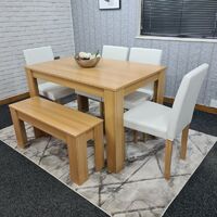KOSY KOALA Modern wooden oak effect dining Table with 4 Faux Leather cream chairs and a bench - oak and cream