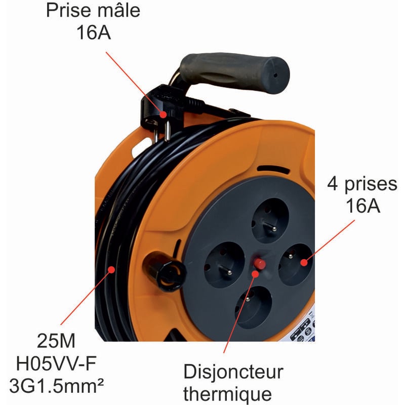 Enrouleur de câble électrique 10m, 4 prises, H05VV-F 3G 1,5 mm²