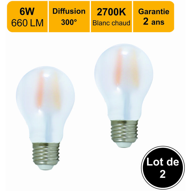 Lot de 2 ampoules LED filament E27 6W 660Lm 2700K - garantie 2 ans