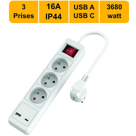 Multiprise 3 prise avec interrupteur + 1xUSB A - 1xUSB C -1,5M - garantie 2 ans