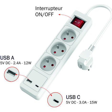 Multiprise 3 prises avec ports de charge USB-A / USB-C 20 W