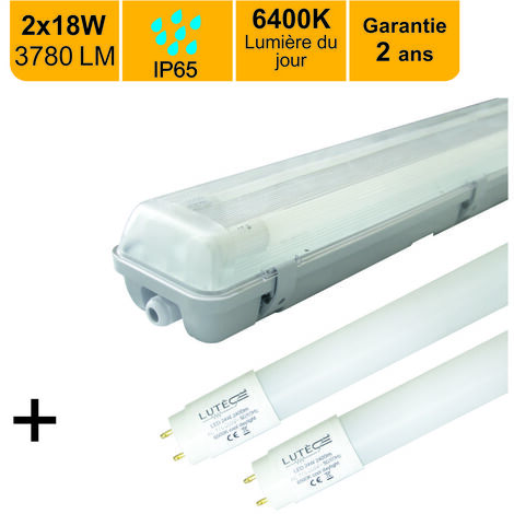 Boitier étanche traversant IP65 120cm + 2 tubes LED 2x18W 37800lm 6500K - garantie 2 ans