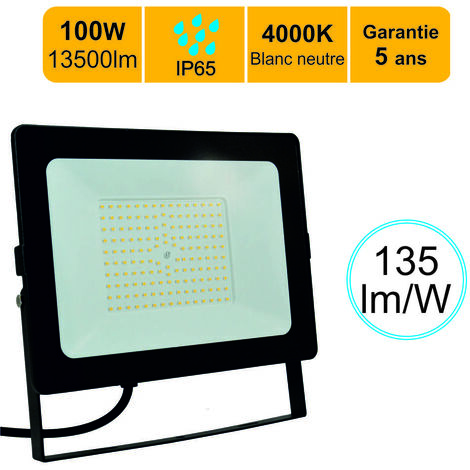 Projecteur LED pro haute puissance 100W 13500lm 135lm/W 4000K IP65 - câble 1M - garantie 5 ans