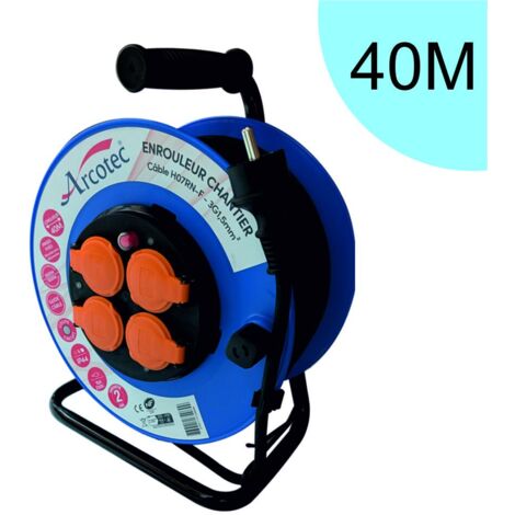 Enrouleur PRO de chantier 3G1.5 40m IP44 platine fixe (anti twist) - câble H07RN-F- 4 prises 16A - garantie 2 ans