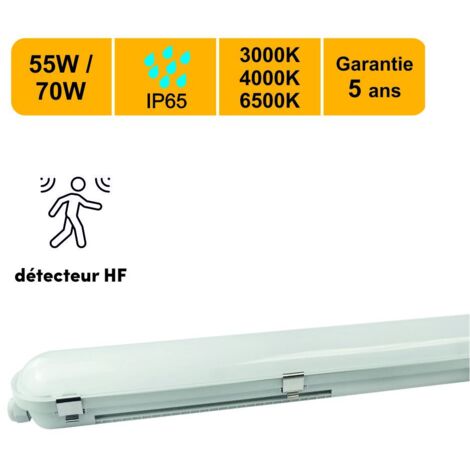 Réglette LED IP65 150cm 55/70W - 3CCT - détecteur mouvement - traversant - garantie 5 ans
