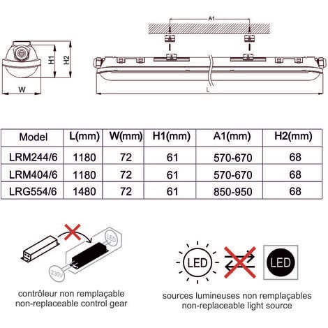 Réglette LED étanche 1500mm 55W 6600 LM 4000K IP65 - traversant - garantie 5 ans