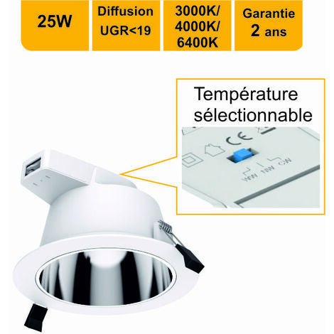[JAMAIS UTILISÉ] Downlight encastrable LED 25W couleur sélectionnable (3000K/4000K/5700K) IP54 UGR19 - garantie 2 ans