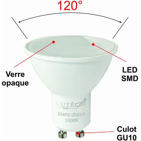 Lot de 10 ampoules LED GU5.3 (MR16) 12V 4,4W - 120° - 350Lm 3000K -  garantie 5 ans