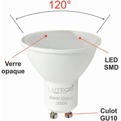 Lot de 10 ampoules LED GU5.3 (MR16) 12V 4,4W - 120° - 350Lm 3000K -  garantie 5 ans